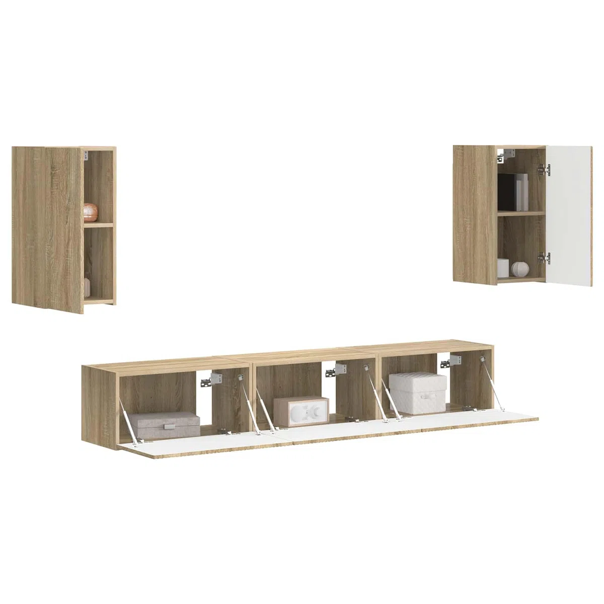 Moderno mueble de TV montado en la pared de 5 piezas en roble Sonoma de madera, compuesto por dos armarios de pared y tres armarios de TV para un amplio almacenamiento de dispositivos