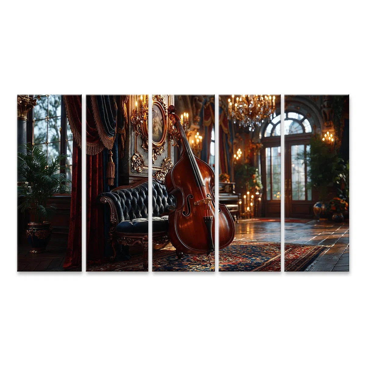 islandburner Cuadro sobre lienzo elegante de contrabajo impresión artística para sala de estar para amantes de la música – 5 piezas XXL – Edición W1