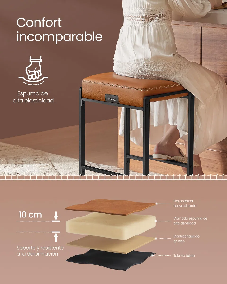 VASAGLE EKHO Colección - Juego de 2 Taburetes de Bar, Taburetes de Cocina, Cuero Sintético con Costuras, Moderno Siglo Medio, 66 cm de Alto, Bar Casa, Comedor, Fácil montaje, Marrón Caramelo LBC086K01