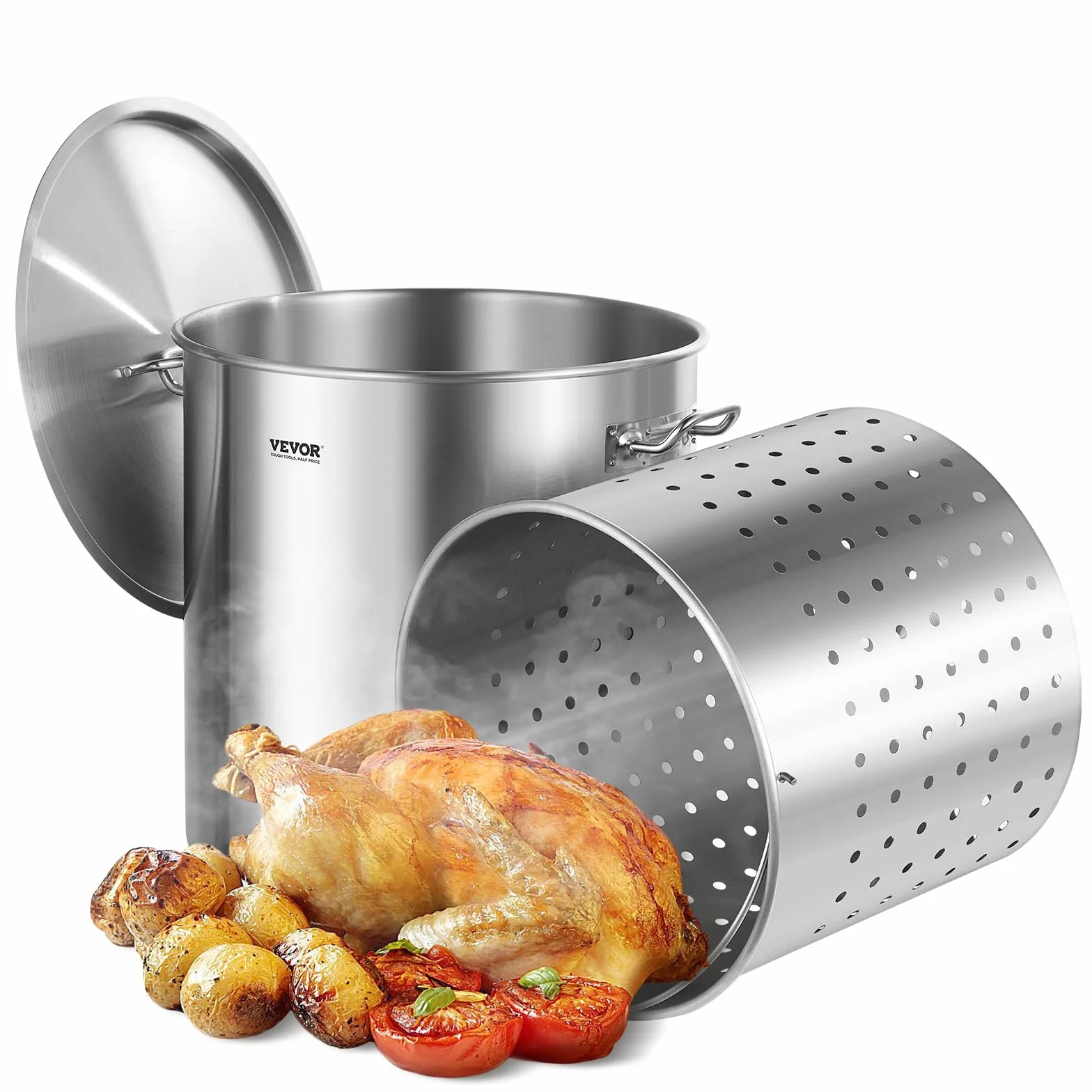 VEVOR Olla Grande de Acero Inoxidable de 79,5 L, para Salsa con Canasta, Tapa y Asa, Olla Comercial Resistente, Tratamiento de Lijado, para Eventos de Grupos Grandes, Plata, 450 x 485 mm