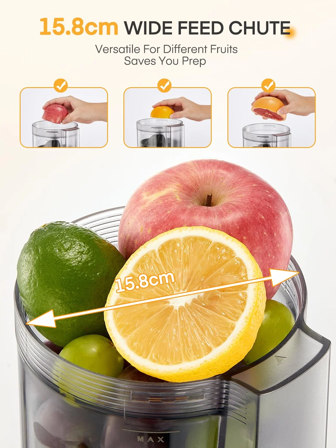 FOHERE Exprimidor de Naranjas Eléctrico, 100W Exprimidor Eléctrico con Boquilla Antigoteo y Motor Silencioso, 2 Conos Intercambiables para Limón, Naranja, Uvas y Granadas