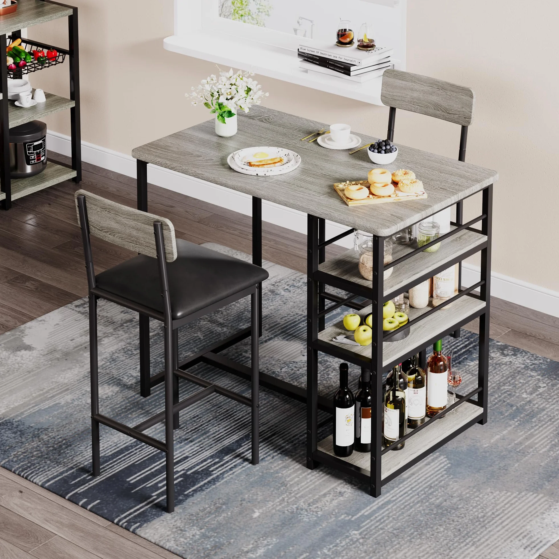 Zstar Juego De Mesa De Comedor para 2, Sillas Tapizadas, Juego De Mesa De Bar De 3 Piezas con Estante de Almacenamiento de 3 Niveles， para Espacios Pequeños, Apartamentos y Estudios, Gris
