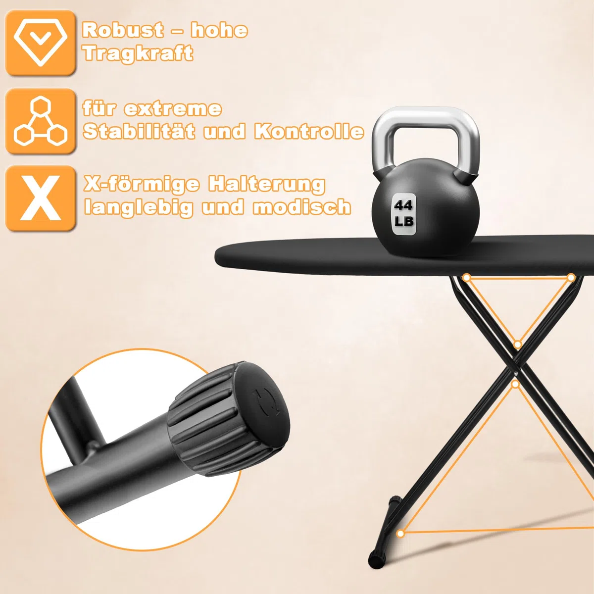 Tabla de planchar plegable de lujo VIOFOTT, tabla de planchar, altura regulable 69-89 cm, adecuada para la mayoría de estaciones de planchado de vapor, tamaño 120 x 34 cm