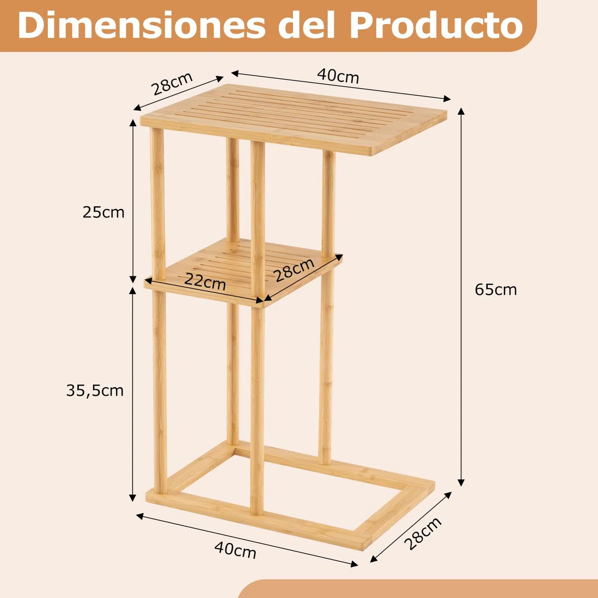 COSTWAY Juego de 2 Mesa Auxiliar de Bambú para Sofá, Mesita Forma de C con Estantes de Almacenamiento, 40 x 28 x 65 cm, Mesa de Café, Mesita de Noche Estrecha para Cama, Sala y Dormitorio, Natural