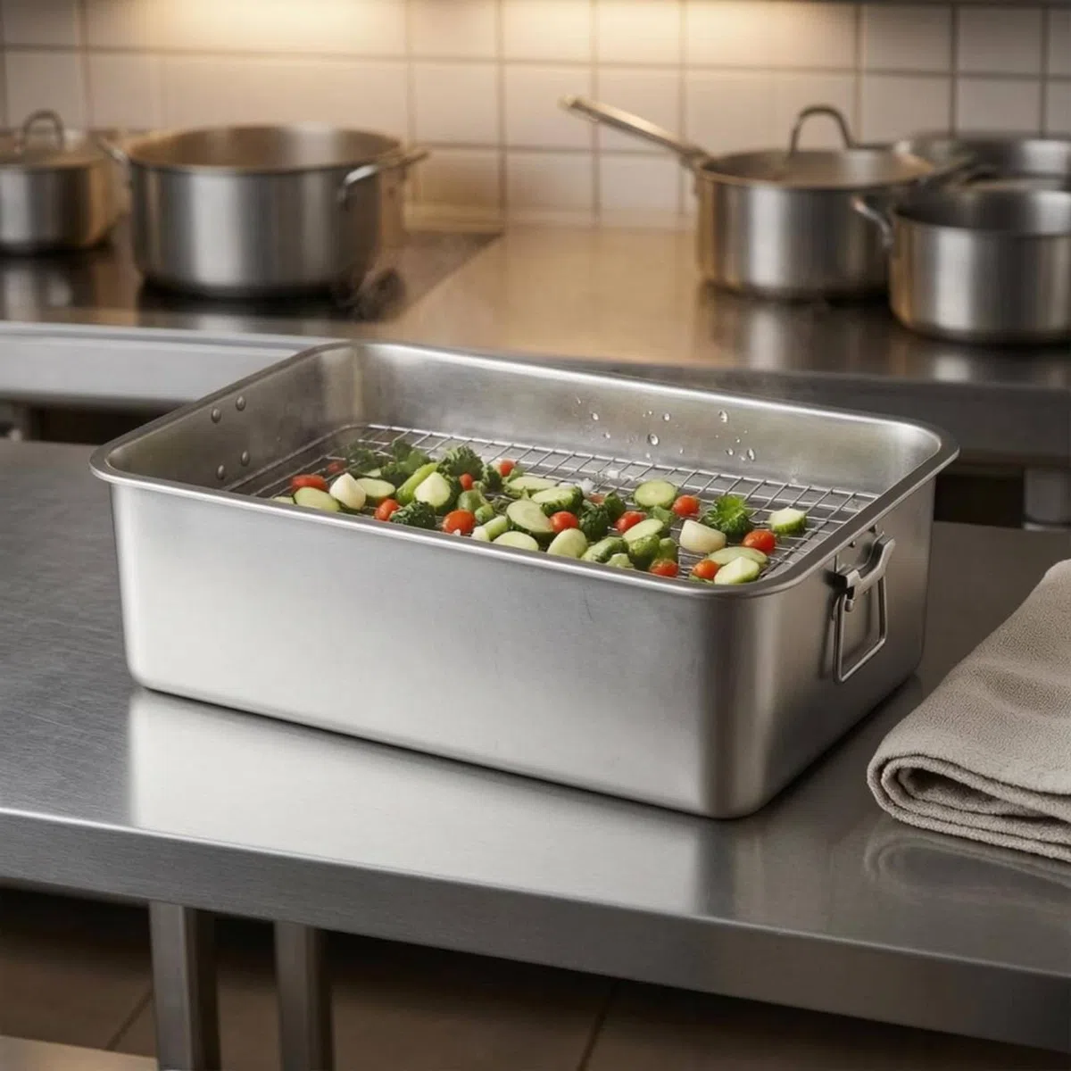 Bandeja de Acero Inoxidable Rectangular con Esquinas Redondeadas Borde Reforzado y Fondo Plano Función de Servir y, Bandeja Cuadrada Con Asa De Acero Inoxidable 304, 70x50x20cm