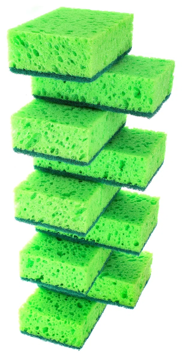 Esponja multiusos verde para fregar. Fabricado en Europa. Paquete de 9, 4.3 x 2.8 x 1.4 pulgadas. Fibra resistente e inodora. Las mejores esponjas y estropajos de cocina duraderos, delicados,
