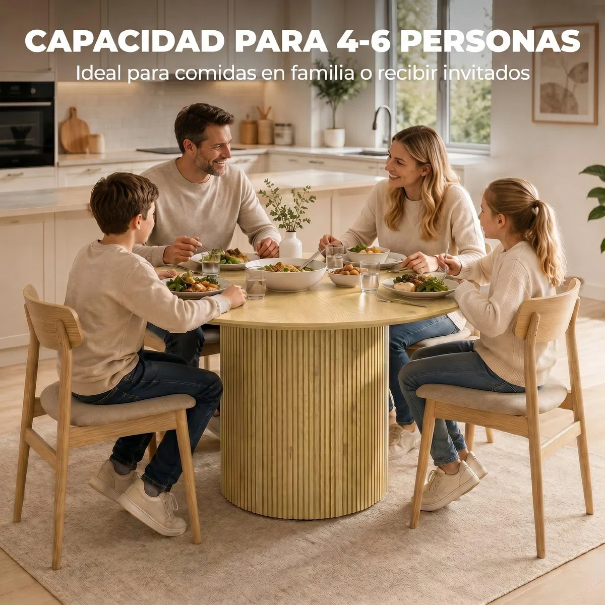 HOMCOM Mesa de Comedor Redonda Base Cilíndrica para 4-6 Personas Roble | Mesa de Cocina , Base Acanalada, Marco Metálico, para Sala de Estar, Carga 100 kg