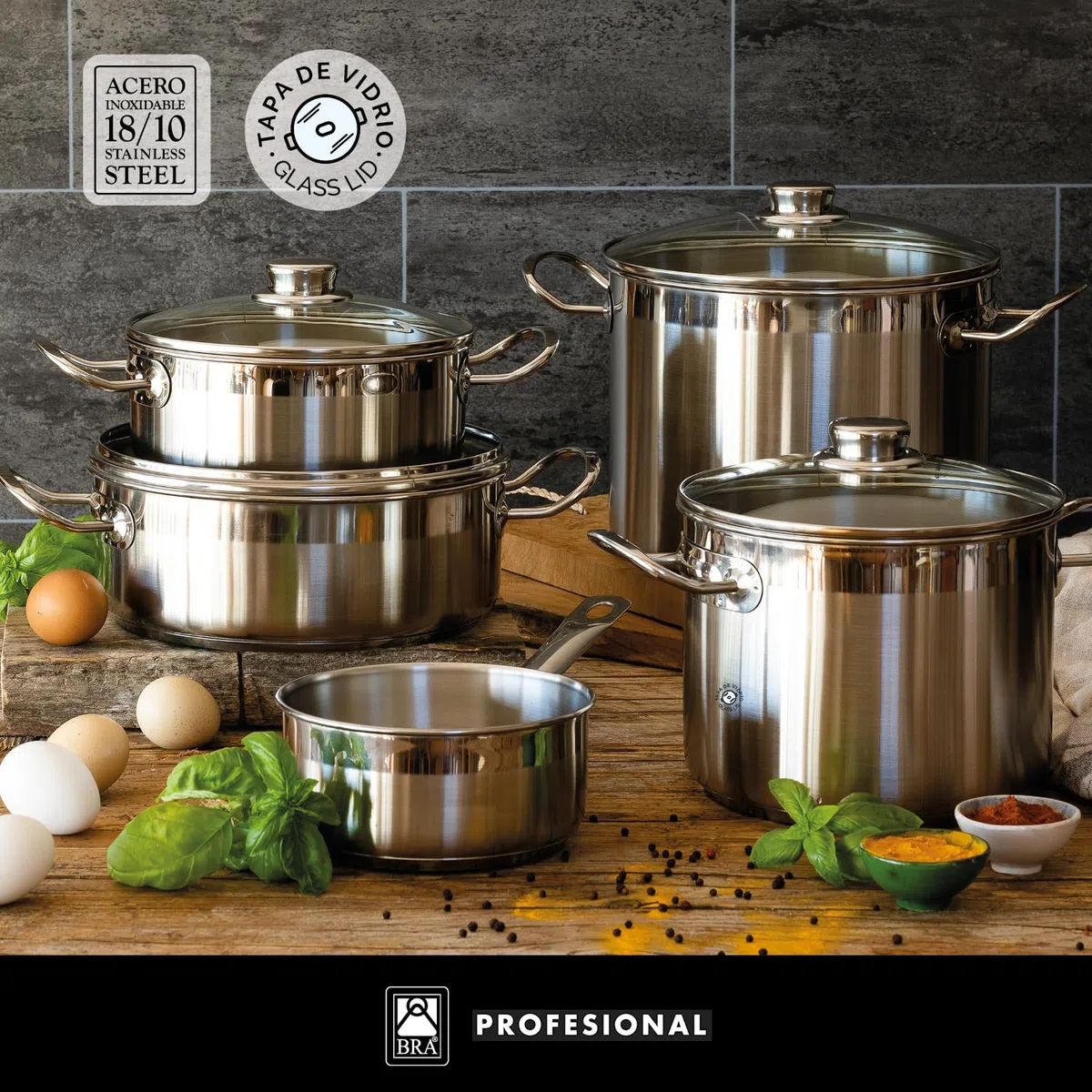 BRA Profesional | Batería 9 piezas, Apta para Todo Tipo De Cocinas Incluida Inducción, Acero Inoxidable, 18/10