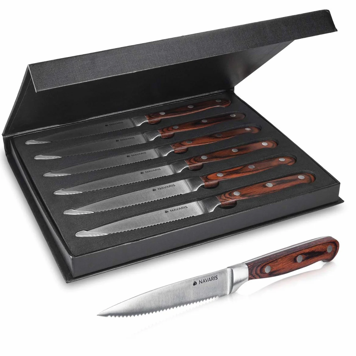 Navaris Set de Cuchillos para Carne - Juego de 6X Cuchillo de Acero Inoxidable con Mango de Madera - Cuchillos chuleteros con Filo de Sierra