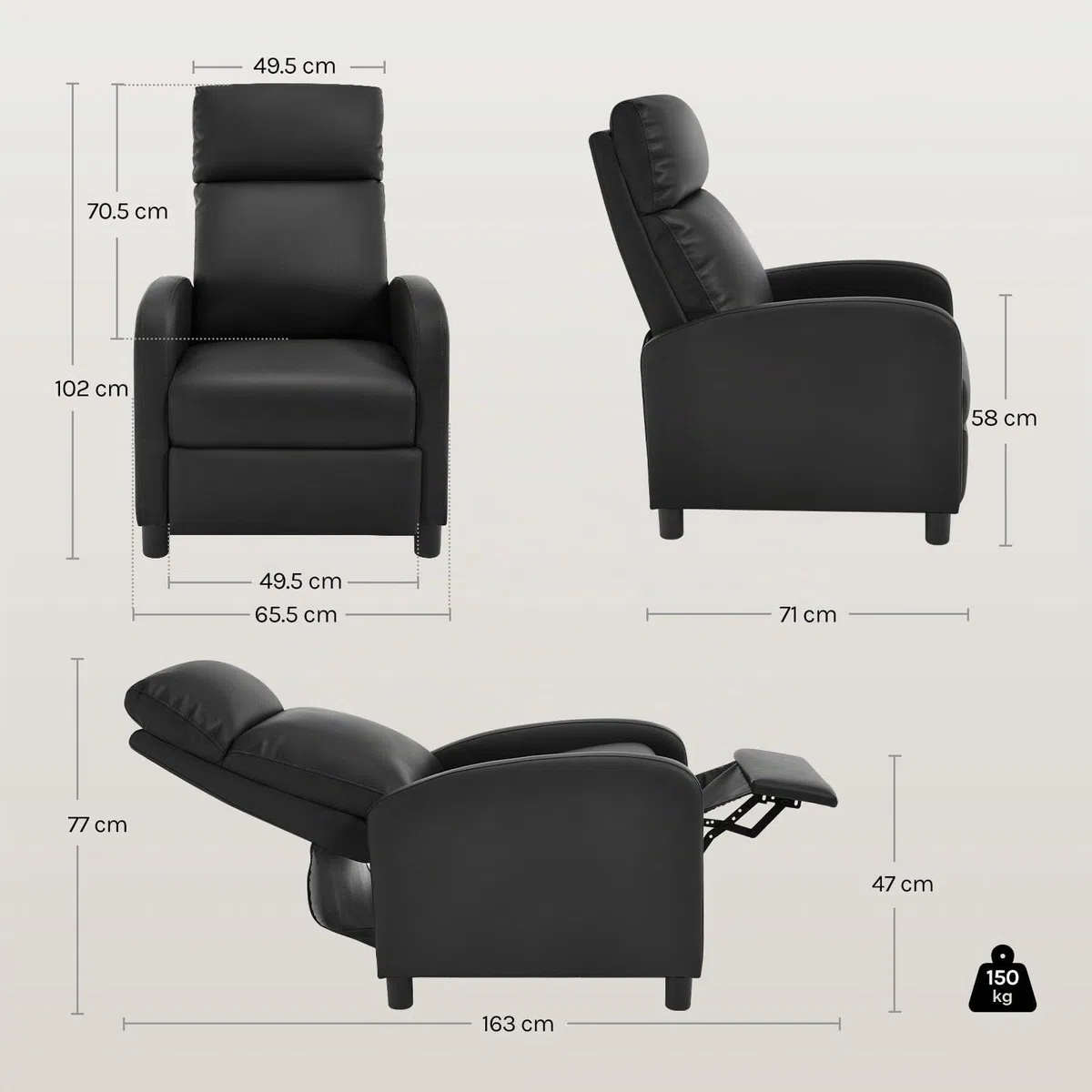 WOLTU Sillón Reclinable, Respaldo Reposapiés Elevable, PU, Negro | Sillon Relax Inclinable, Butaca Reclinable, Asiento Acolchado, Sofá Individual de Lectura, Salón y Dormitorio