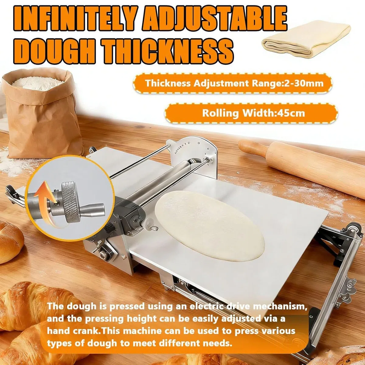 Espátula eléctrica Comercial para Masa, Grosor Ajustable de 2 a 30 mm, Acero Inoxidable Apto para Uso alimentario y Tablero Antiadherente de PE, Equipo Profesional para repostería 1i2