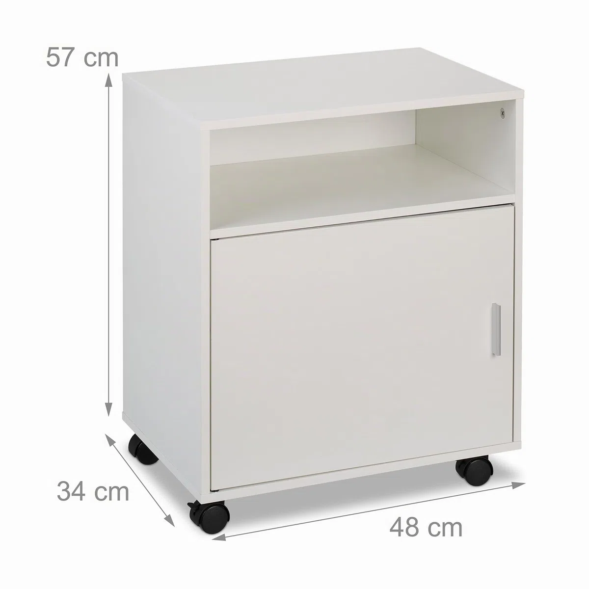 Relaxdays Mesa Impresora con 4 Cajones y Puerta, Cajonera Oficina con Ruedas, Mueble Despacho, 57 x 48 x 34 cm, Blanco