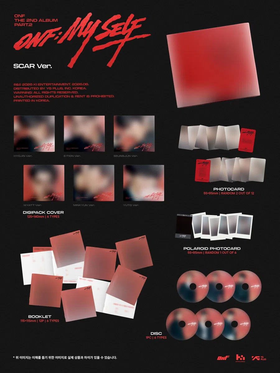 (Juego completo: 3 álbumes de fotos + 6 cicatrices Digipack + 1 plataforma) ONF : My Self 2º álbum part.2 con seguimiento