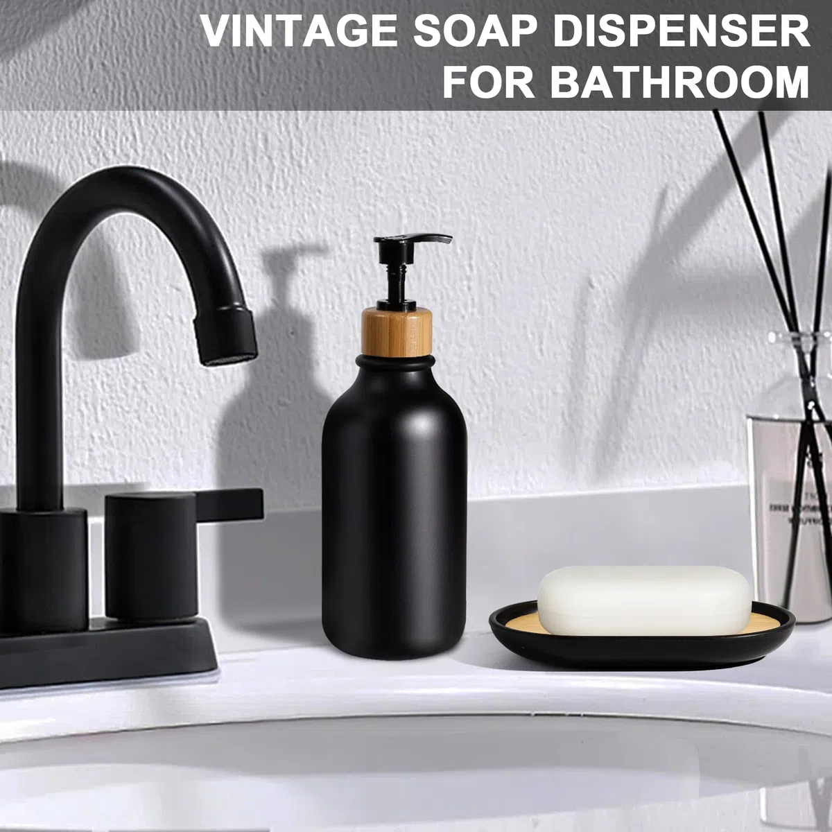 Juego de accesorios de baño negros de 5 piezas, accesorios de baño negro mate, dispensador de jabón de plástico y soporte para cepillos de dientes, jabonera, tarro de hisopo de algodón, juego de baño