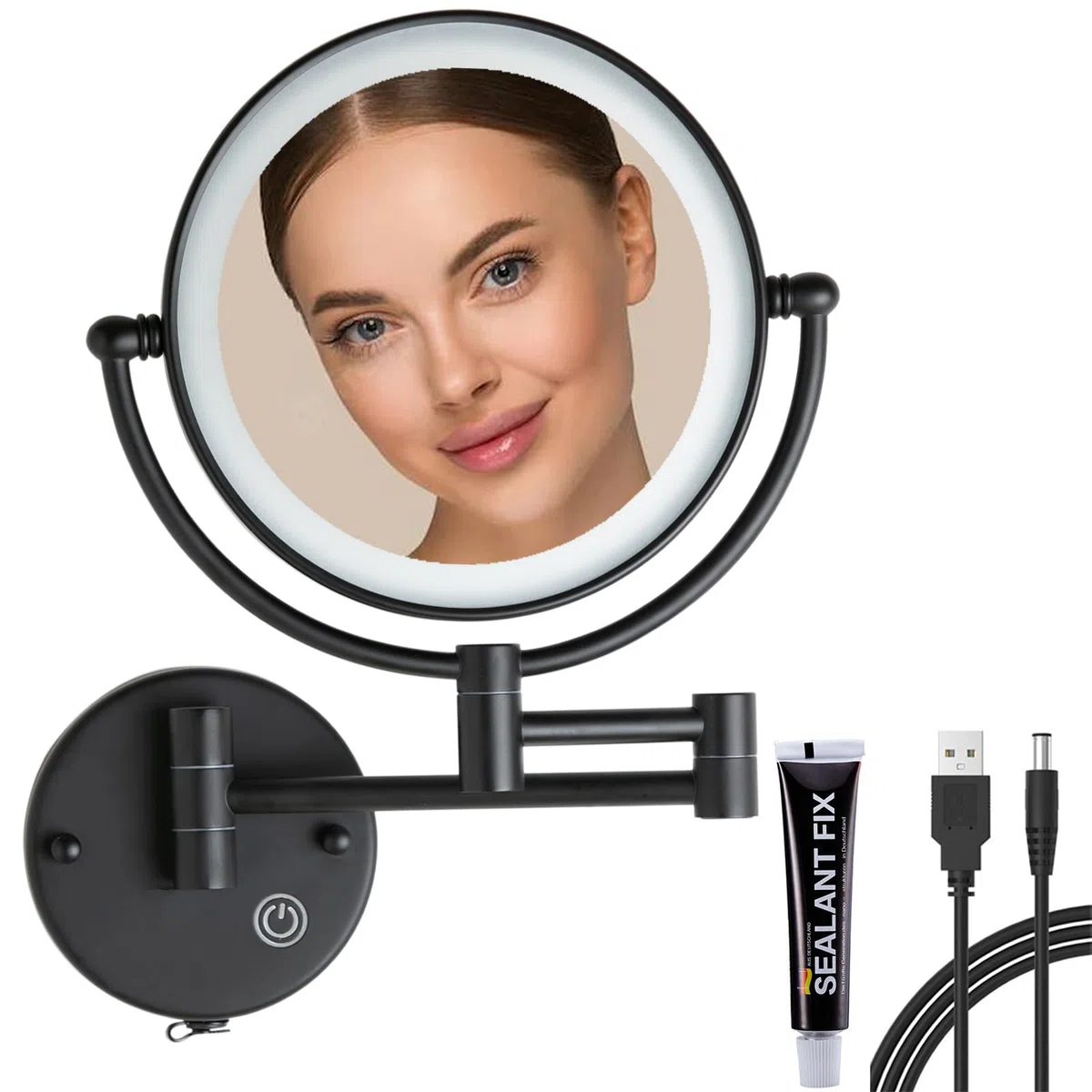 Espejo Maquillaje con Luz Pared, 1X / 5X Doble Cara Espejo Baño,Material de Latón,Espejo Aumento con Luz,Control por Interruptor Táctil,Brillo Ajustable,360 Giratorio Espejo para Baño,Hotel