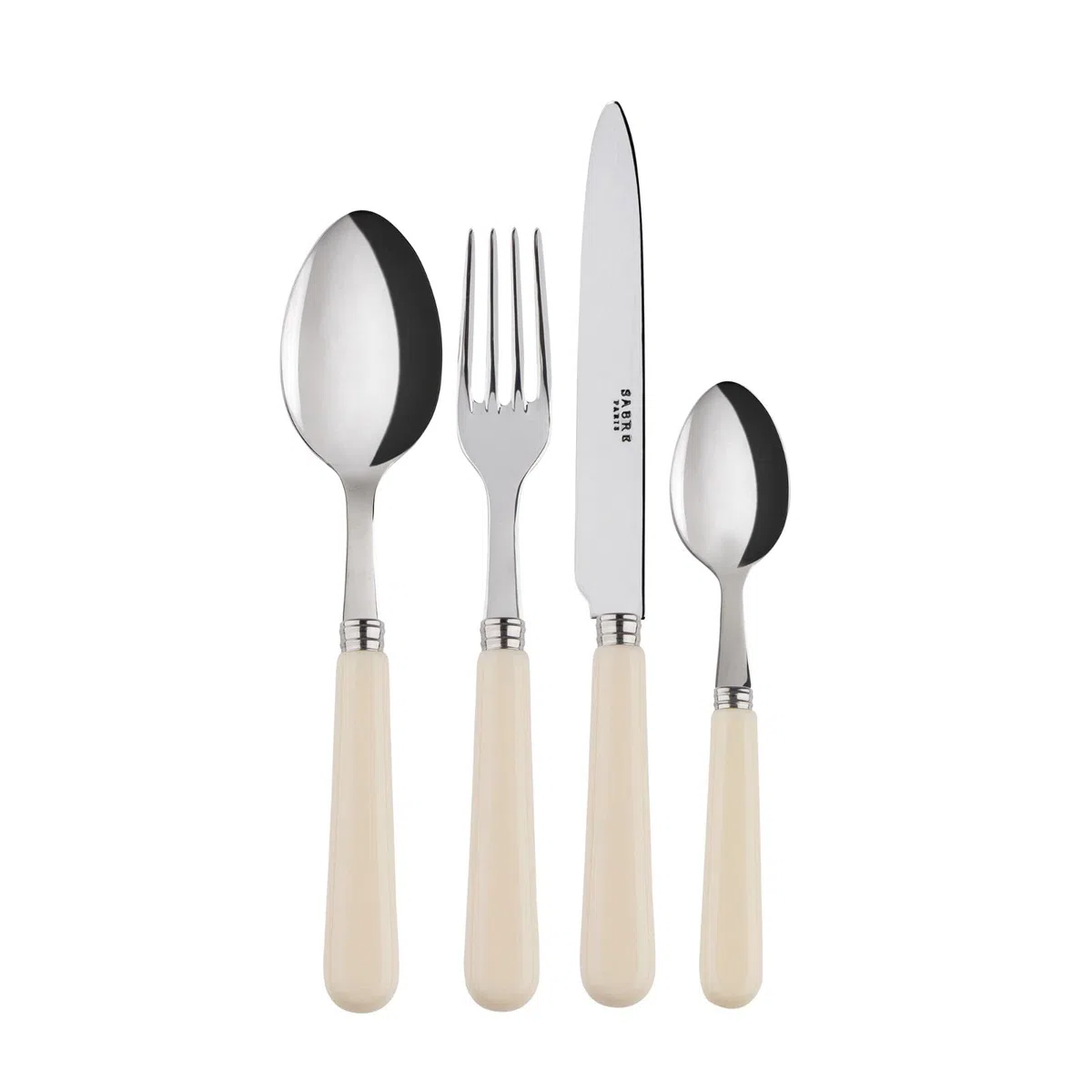 Sabre Paris | Juego de cubiertos de mesa de 4 piezas Pop, color Marfil. Incluye cuchillo, tenedor, cucharada y cuchara pequeña de acero inoxidable., 0543-033-0002