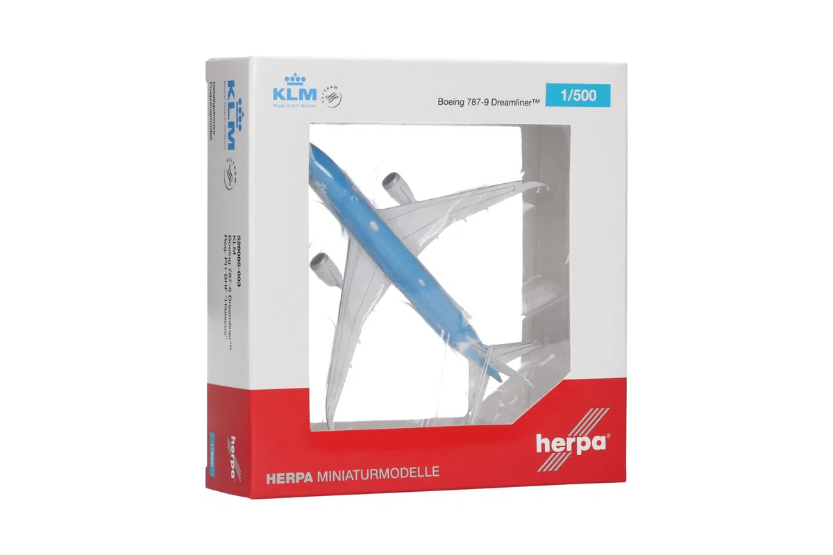 Herpa Miniatura del avión KLM Boeing 787-9 Dreamliner, Escala 1/500, maqueta de colección, modelismo, avión sin Soporte, Figura Metal