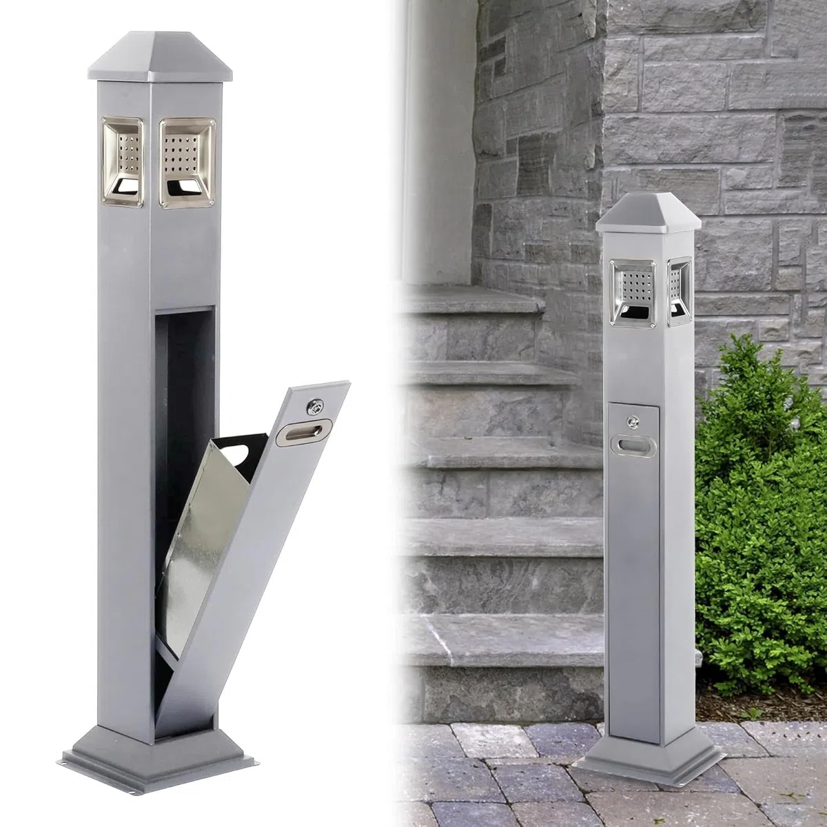 Cubo de basura vertical de acero inoxidable con 4 entradas, 120 cm, para exteriores, con cierre