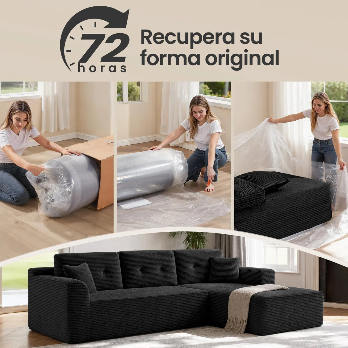 VASAGLE Sofá Esquinero, Sofá Modular de 244 cm, Entrega Compacta, Sin Montaje, con Gran Chaise Longue a la Derecha, para Salón o Habitación de Invitados, Negro, LCS184B101