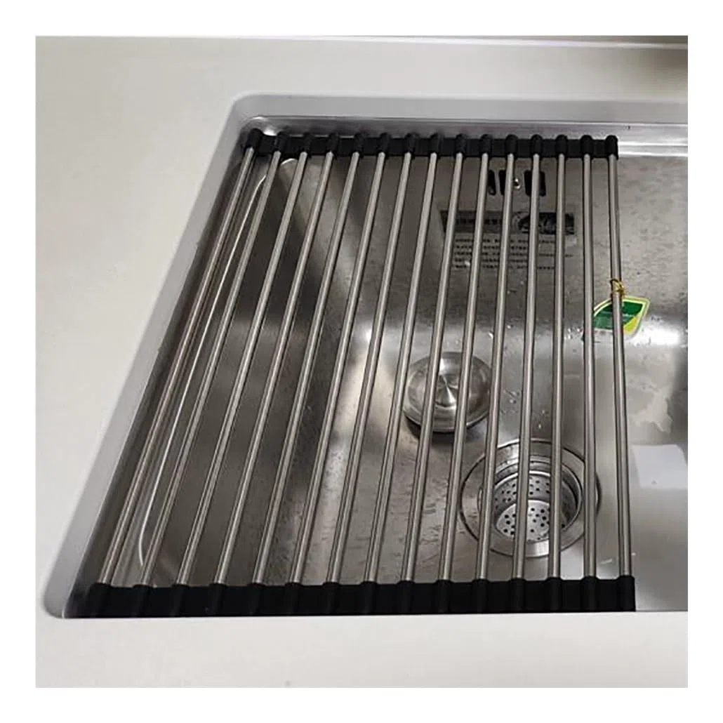 Escurridor de platos enrollable sobre el fregadero, portátil, de acero inoxidable, con ruedas, alfombrilla plegable, cubierta para fregadero, organizador multiusos, escurridor de platos plegable.