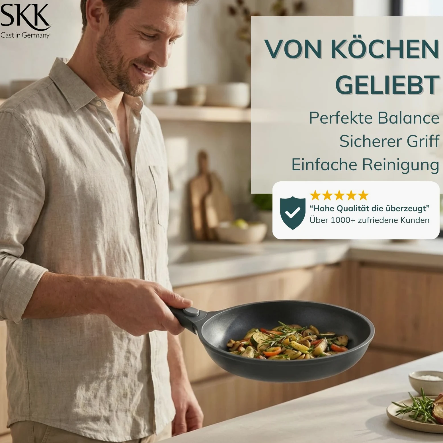skk 14432 Serie 6 Plus - Sartén de hierro fundido (apta para inducción, mango extraíble, sartén de aluminio fundido a mano, revestimiento antiadherente)