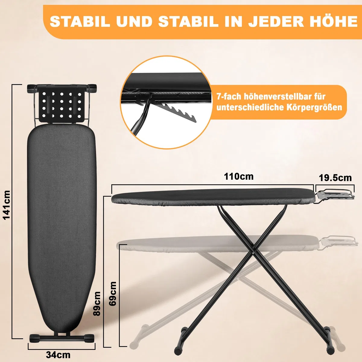 Tabla de planchar plegable de lujo VIOFOTT, tabla de planchar, altura regulable 69-89 cm, adecuada para la mayoría de estaciones de planchado de vapor, tamaño 120 x 34 cm