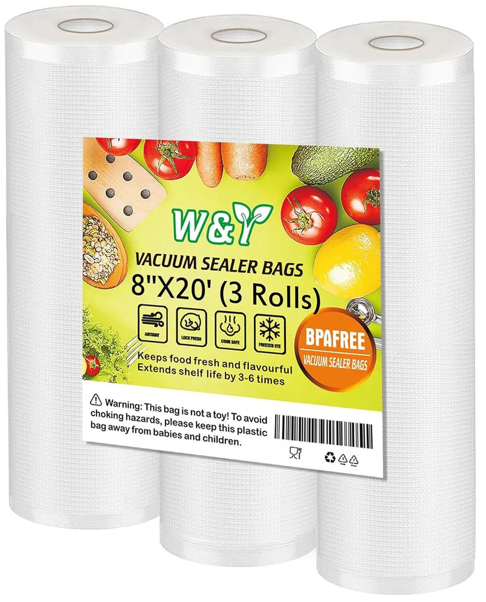 Bolsas selladoras al vacío – 8 pulgadas x 20 pies (3 rollos) – Rollos de grado comercial Sous Vide y ahorro de alimentos, reutilizables y ajustables, protección contra pinchazos, ideal para cocinar y