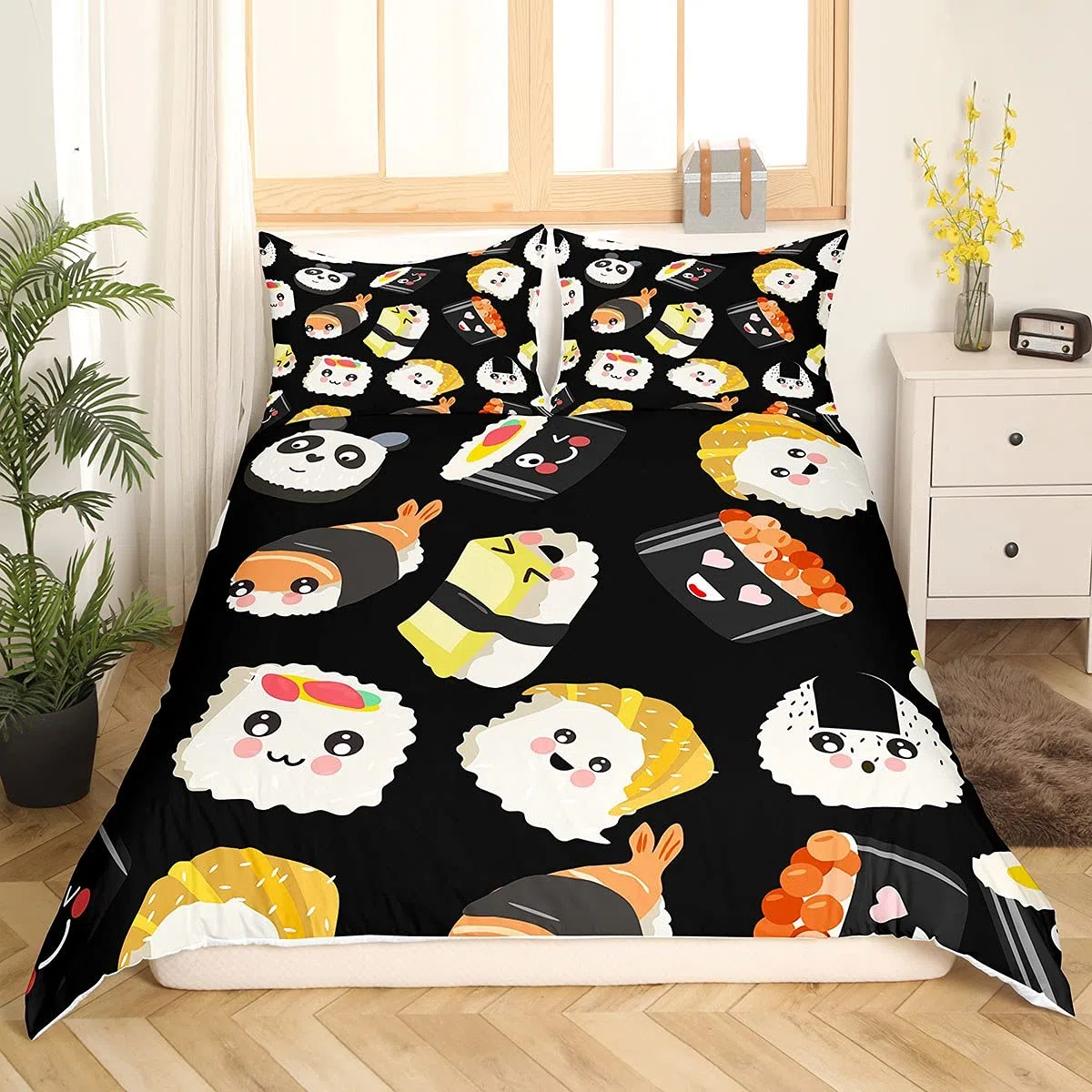 Juego de funda de edredón de sushi súper King, juego de ropa de cama de sushi kawaii con dibujos animados de dibujos animados de estilo japonés, juego de funda de edredón con estampado de alimentos