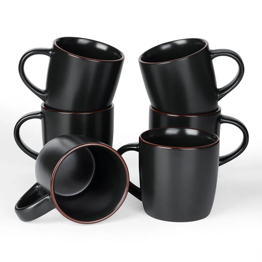 Richmount Mercury Set de tazas de café, 6 piezas, tazas de 384 ml, aptas para microondas y lavavajillas, tazas con asa para café, té, cacao, leche, Negro Mate