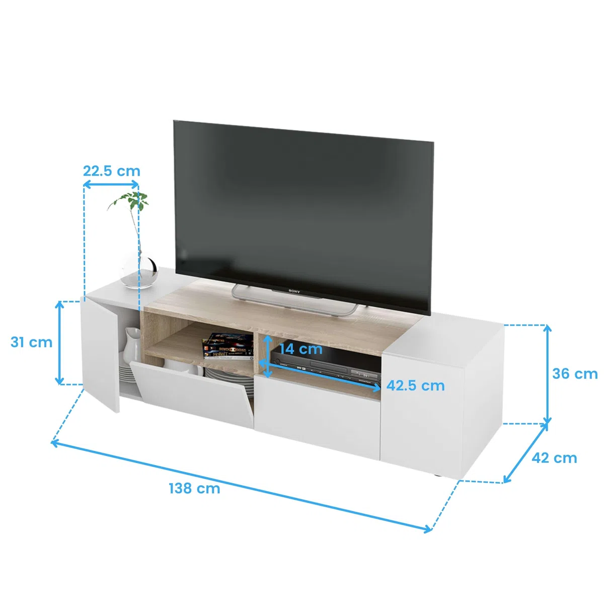 Habitdesign Modulo TV, Mueble de Salon, Juego de Muebles, Modelo Tamiko, Acabado en Blanco Artik y Roble Canadian, Medidas: 138 cm (Largo) x 42 cm (Fondo) x 36 cm (Alto)