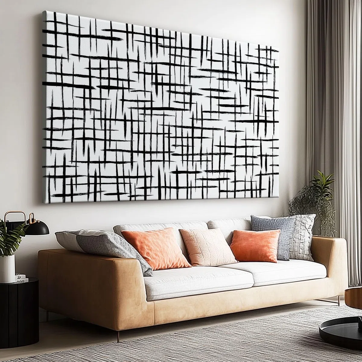 Genérico Cuadros Decoracion Salon Líneas De Cuadrícula En Blanco Y Negro 90x60cm Lienzo Decorativo con Marco Madera, Laminas Cuadro para Pared, Decoracion Dormitorio Baño Comedor Oficina Hogar