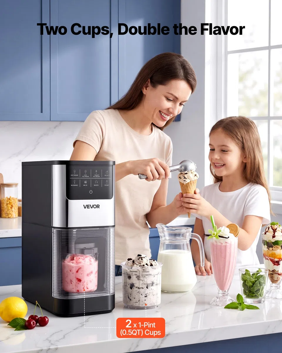 VEVOR Máquina para Hacer Helados 800 W, Heladera Casera con 7 Modos Preestablecidos, 2 Vasos de 0,5 L, Función de Mezcla con Un Solo Toque, para Preparar Gelato, Sorbete, Batido, Yogur Helado