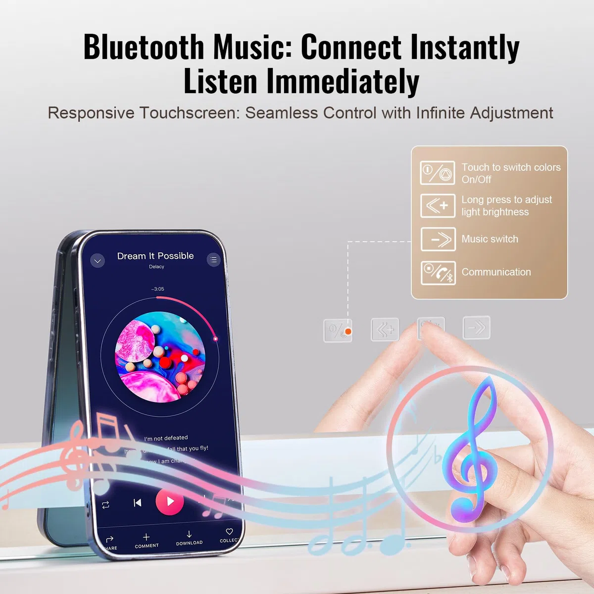 VEVOR Gran Espejo de Maquillaje Iluminado con Tres Modos de Iluminación Color, LED Luces, Aumento de 5X, Bluetooth, USB, Control Táctil Inteligente, Montaje en Pared a Escritorio, 800 x 120 x 572 mm