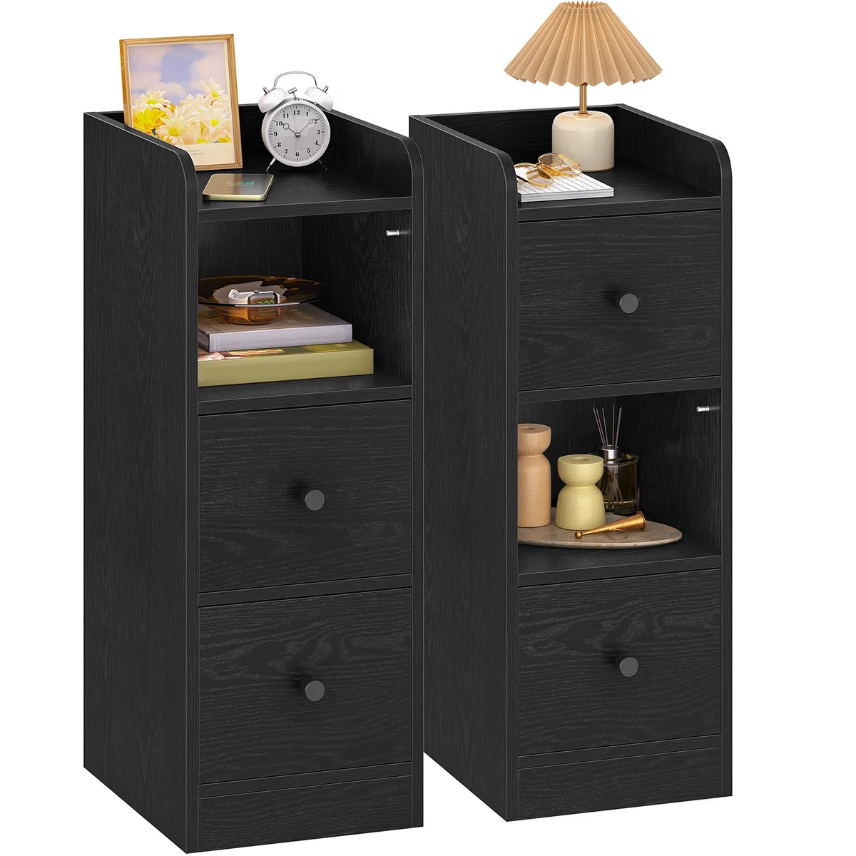 Hzuaneri Mesilla de Noche de 2, Mesas Auxiliares con 2 Cajones, Negro | Protector Superior, para Espacios reducidos, para Dormitorio, Salón, 30 x 24 x 65 cm, NS62204X