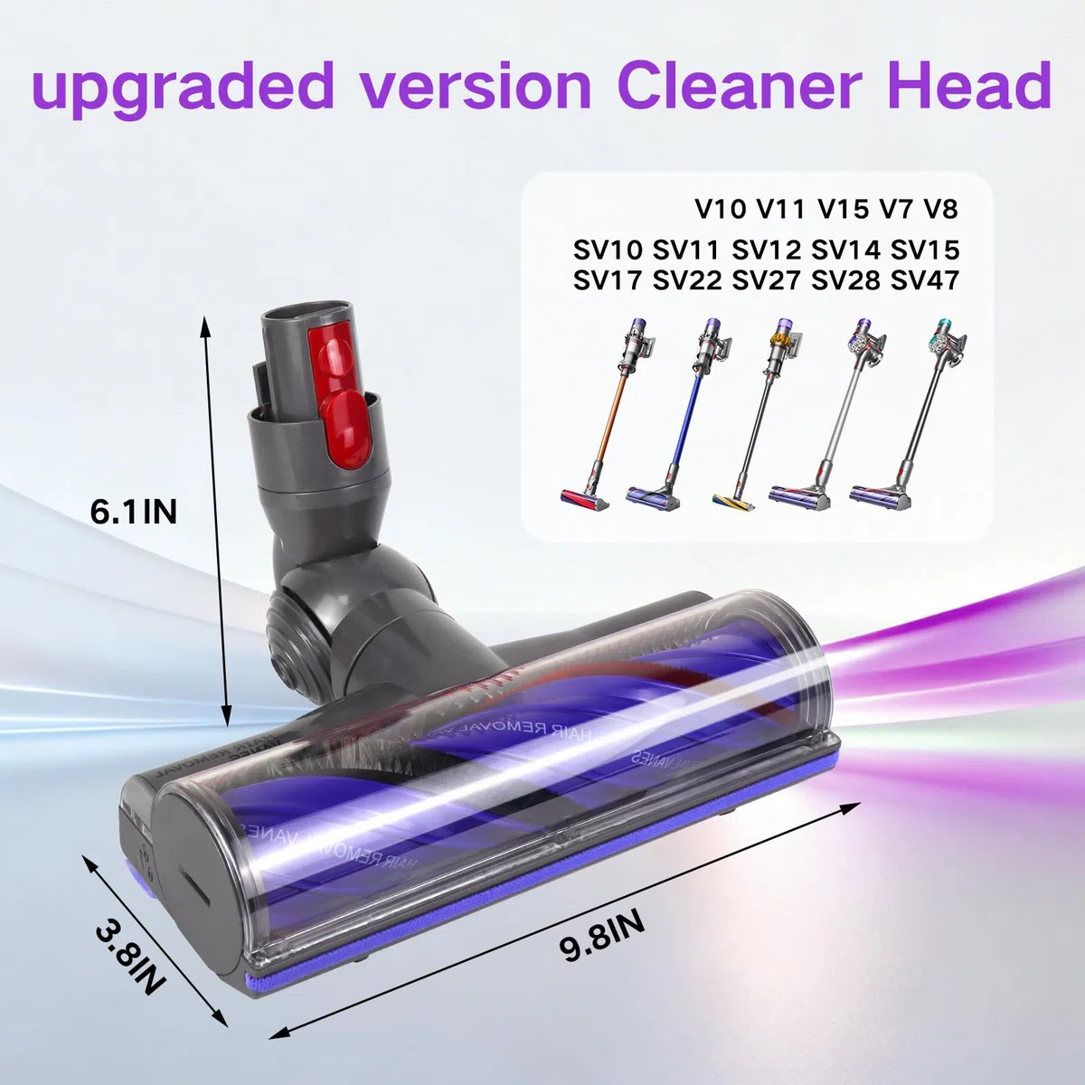 Cepillo turbo eléctrico compatible con aspiradora Dyson V7 V8 V10 V11 V15 SV10 SV11 SV12 aspiradora con batería, cabezal giratorio flexible con faros LED, adecuado para suelos duros y alfombras