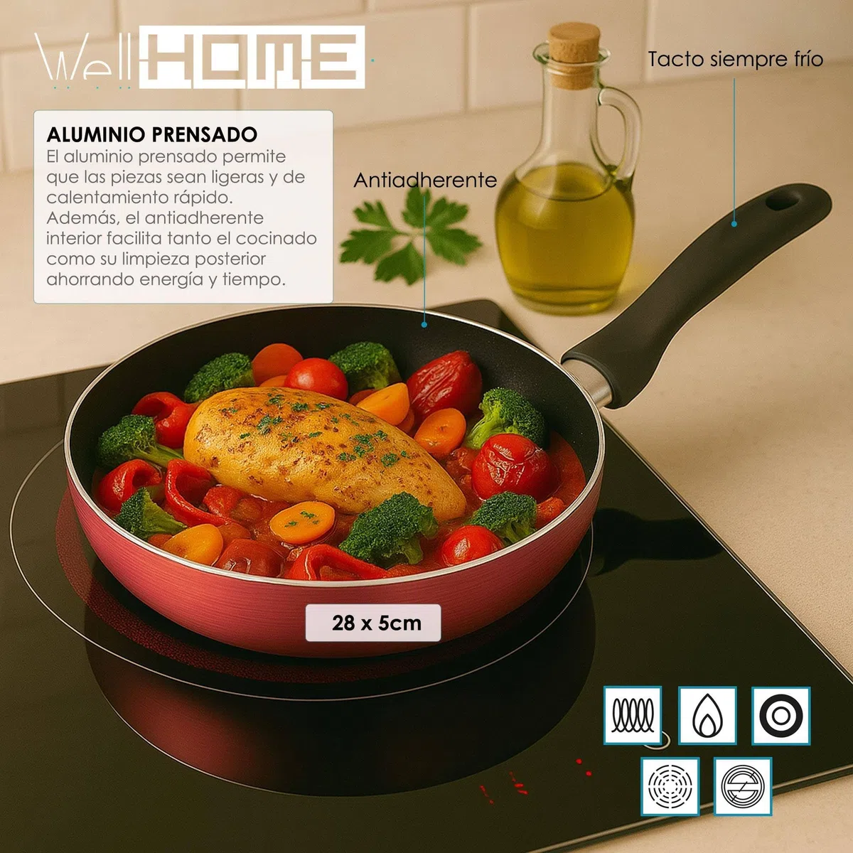 Well Home Pack Batería de cocina 5 Piezas en acero inoxidable + Sartenes Ø16Ø20Ø24Ø28cm Aluminio prensado Cobre metalizado