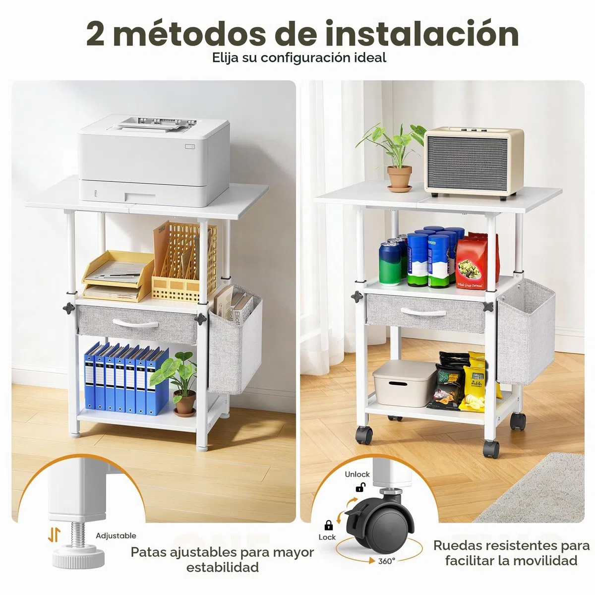 Mesa de impresión con ruedas Soporte de impresora de 3 niveles, mesa de impresora con cajón y bolsillo lateral, carrito grande con ruedas con estante ajustable para oficina y hogar (1)