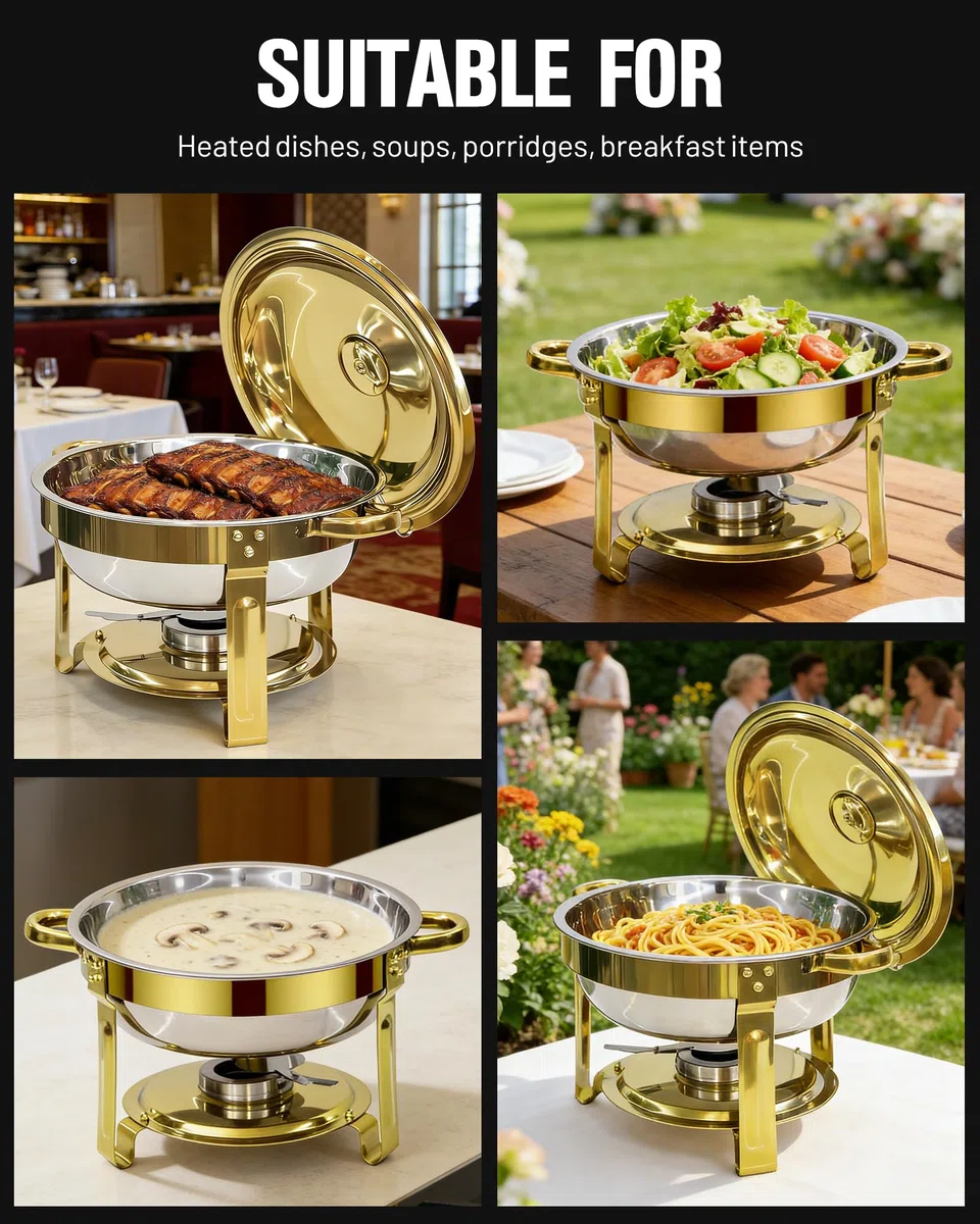Calentador de Comida para Buffet, Chafing Dish 6L Acero Inoxidable | Juego de 2 Unidades, Calentador de Alimentos Buffet para Fiestas, Bodas, Banquetes y Eventos de Catering, Dorado y Plateado
