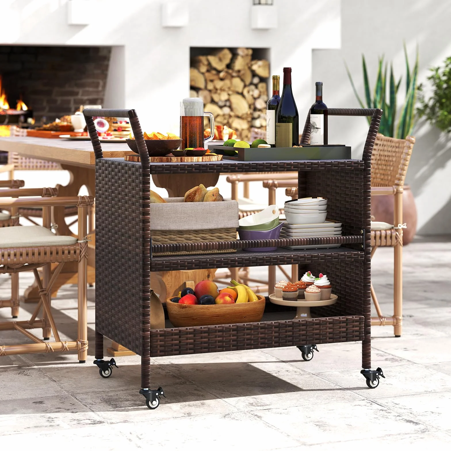 KOMFOTTEU Carro de Cocina con Ruedas, Carrito de Servicio de Ratán de 3 Niveles con Asas, Carro de Barbacoa para Comedor, Jardín, Picnic, 86 x 50 x 89 cm