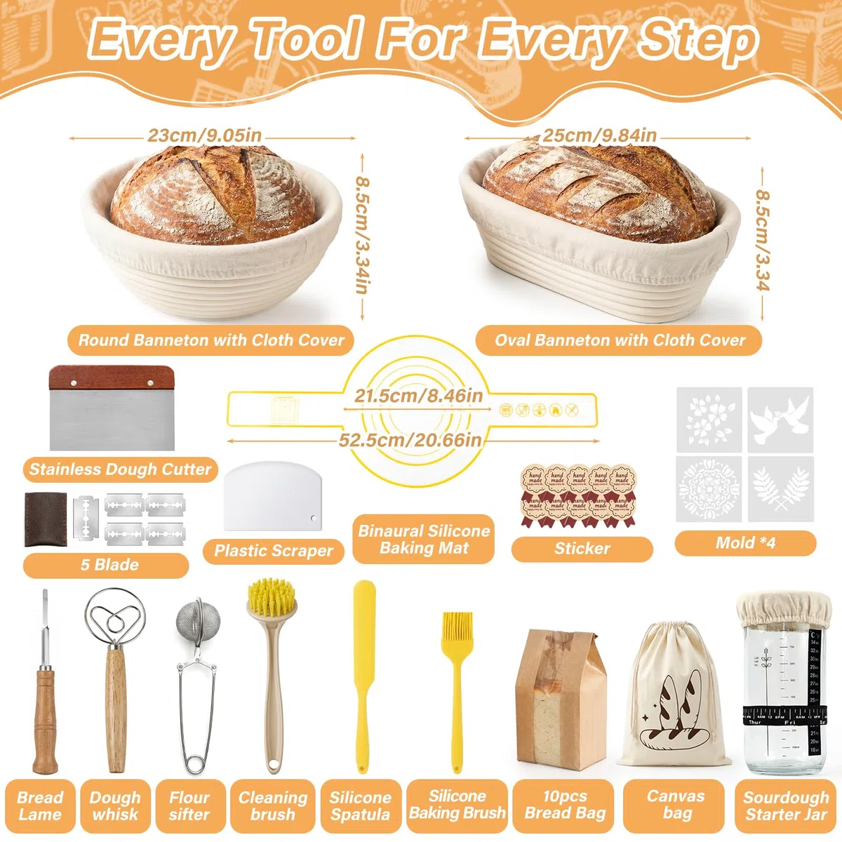Banetones Para Pan, Cesta de Fermentación Pan de Redondo 23cm y Ovalado 25cm, Kit Completo Tarro de Masa Madre 900ml, Traje De Pan Fermentado De Agrio para Principiantes y Experimentados