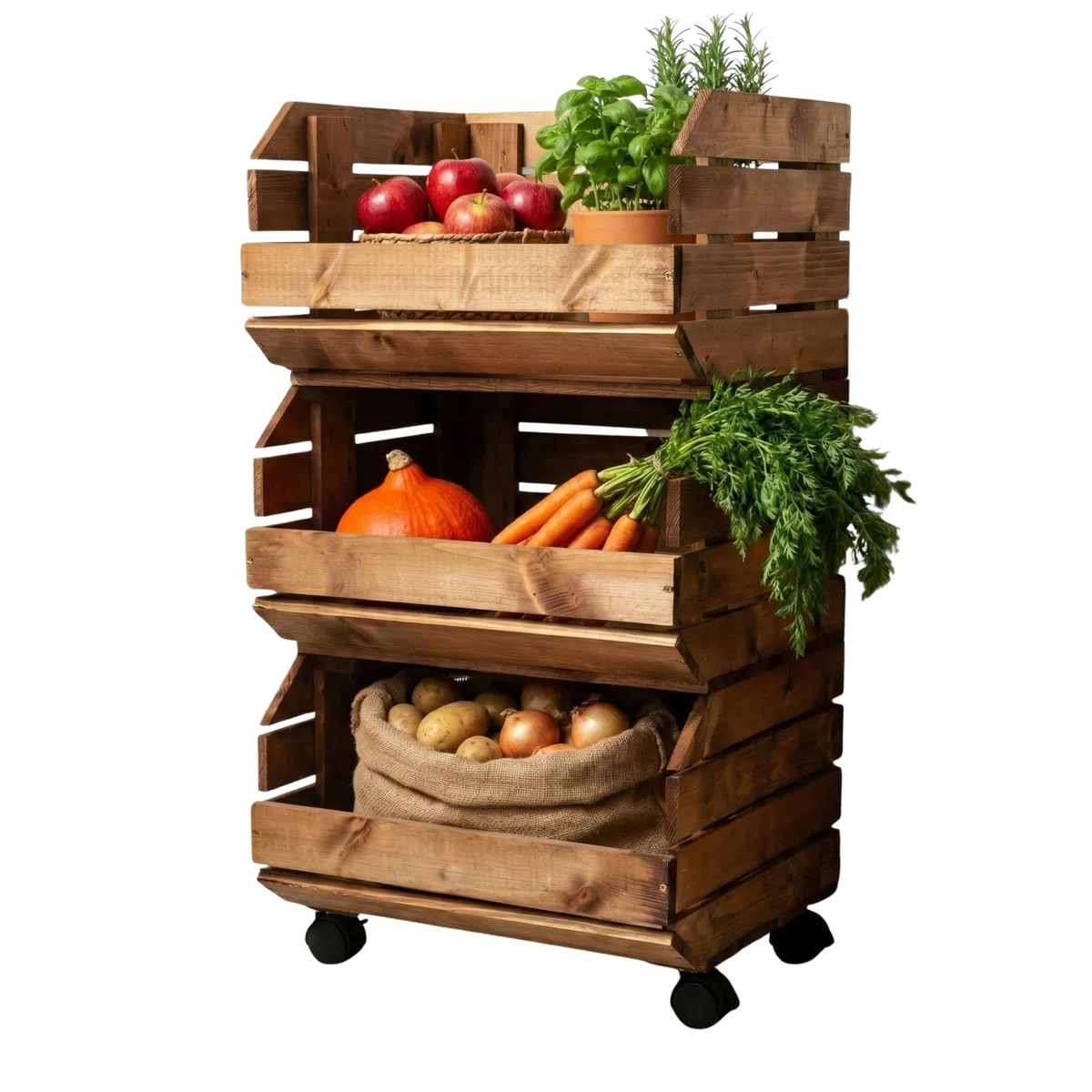 Juego de Cajas apilables para Verduras con Ruedas, 3 Cajas de Madera, estantería, Horda de Frutas, Caja de Patatas, marrón, con Instrucciones