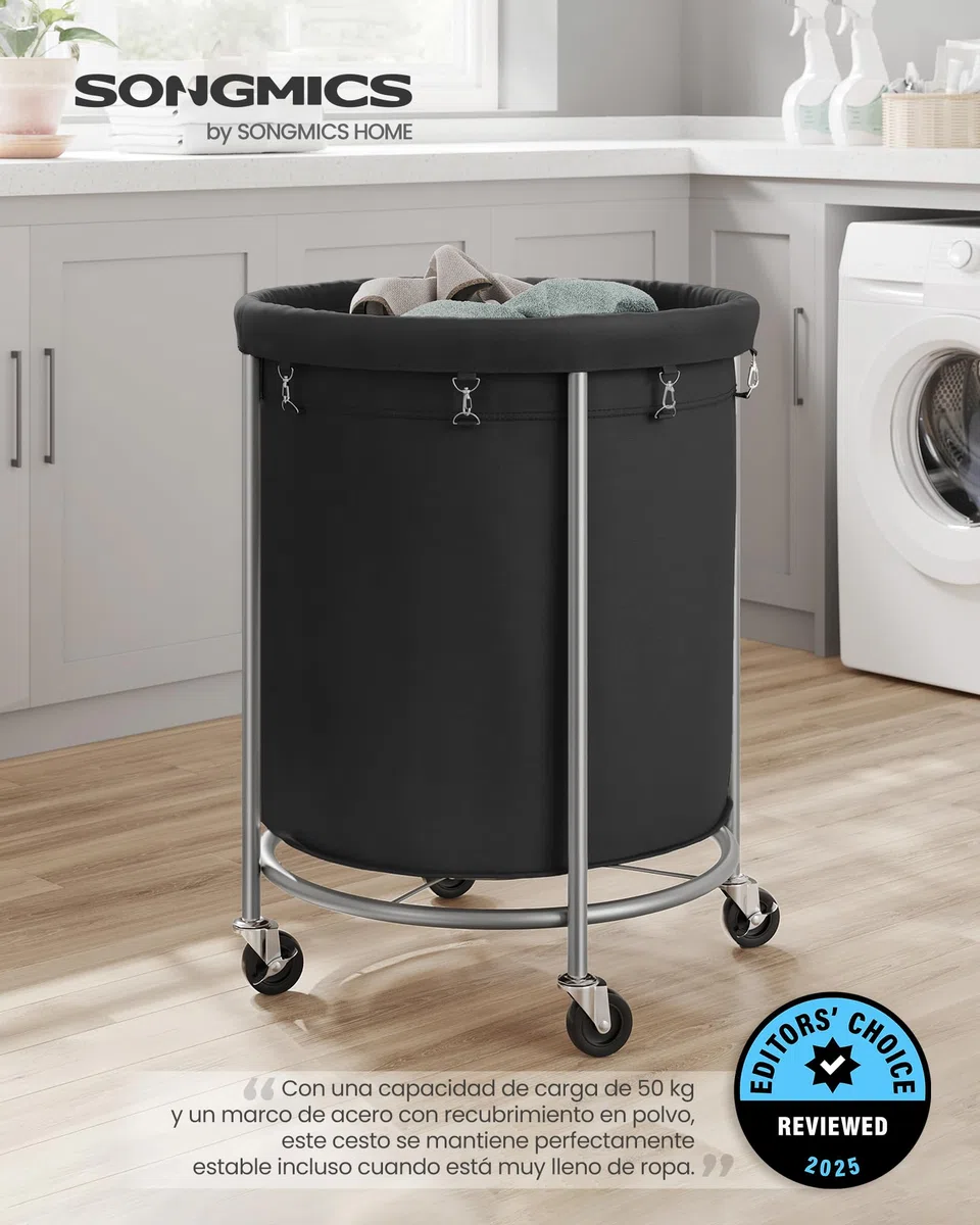 SONGMICS Cesto de Ropa Sucia con Ruedas, Cesta de la Ropa Sucia, 170 L, Cesto Redondo con Marco de Acero y Bolsa Extraíble, 4 Ruedas y 2 Frenos, Negro y Plata RLS001B01