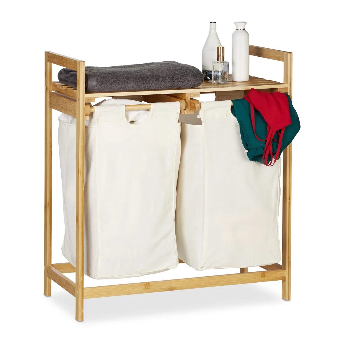 Relaxdays Centro para la colada, Separador de ropa sucia, Dos compartimentos, Portátil, 60 L, 1 Ud., Natural