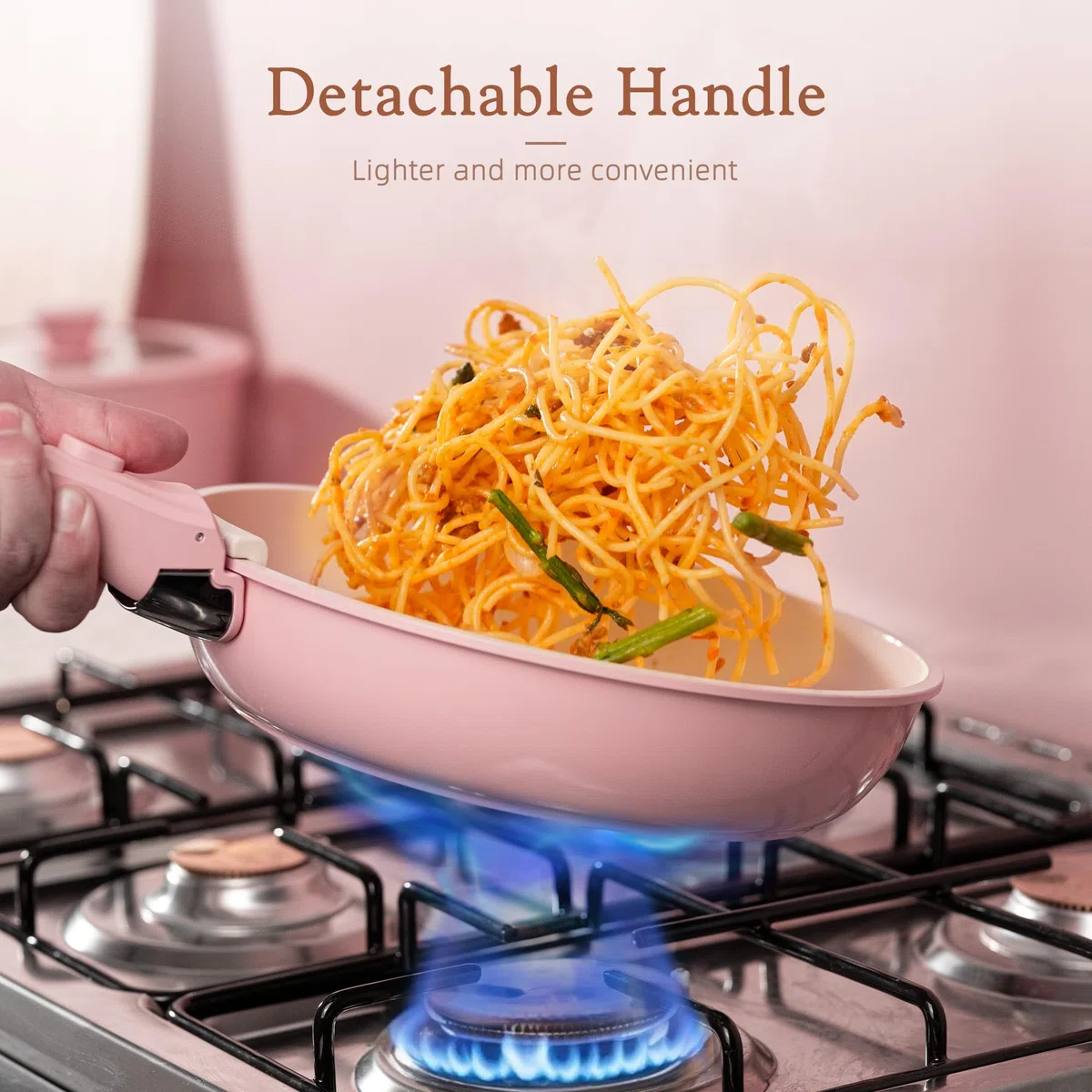 Astercook Juego de 21 ollas y sartenes de cerámica antiadherentes, asas desmontables, juego de cocina de caravana, apto para horno, listo para inducción, apilable, rosa