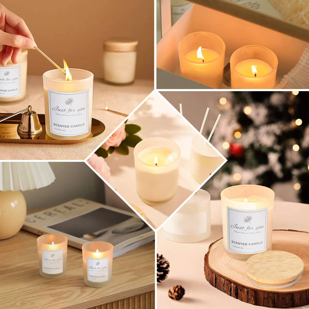 CONNOO Milch - Tarros de cristal para velas (200 ml, 15 unidades) | Tapas de bambú herméticas, etiquetas de advertencia para hacer velas, para hacer velas