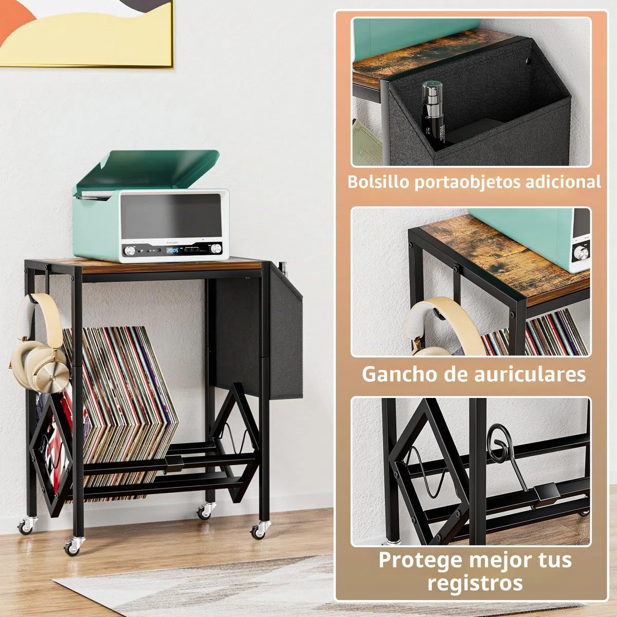 EKNITEY Soporte para tocadiscos de vinilo, mesa para tocadiscos con capacidad de almacenamiento para 80 álbumes, soporte giratorio con bolsillo organizador y ruedas