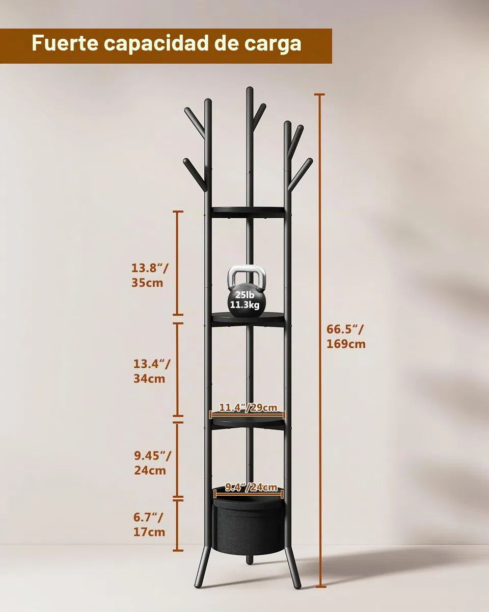 YMYNY Perchero de Entrada, Perchero de Pie para Recibidor con 1 Cesta de Tela, Estantería de Almacenamiento para Salón Dormitorio Pasillo Estilo Industrial, para Bufanda Bolsos Negro HGR005B