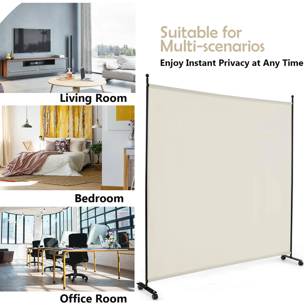 LIFEZEAL Biombo de 1 Panel, Separador para Interior, Exterior, Biombo Móvil Pared Divisoria, Marco de Metal con 4 Ruedas, Protección de Privacidad, Separador de Espacio, Byobu, 184 x 184 cm (Beige)