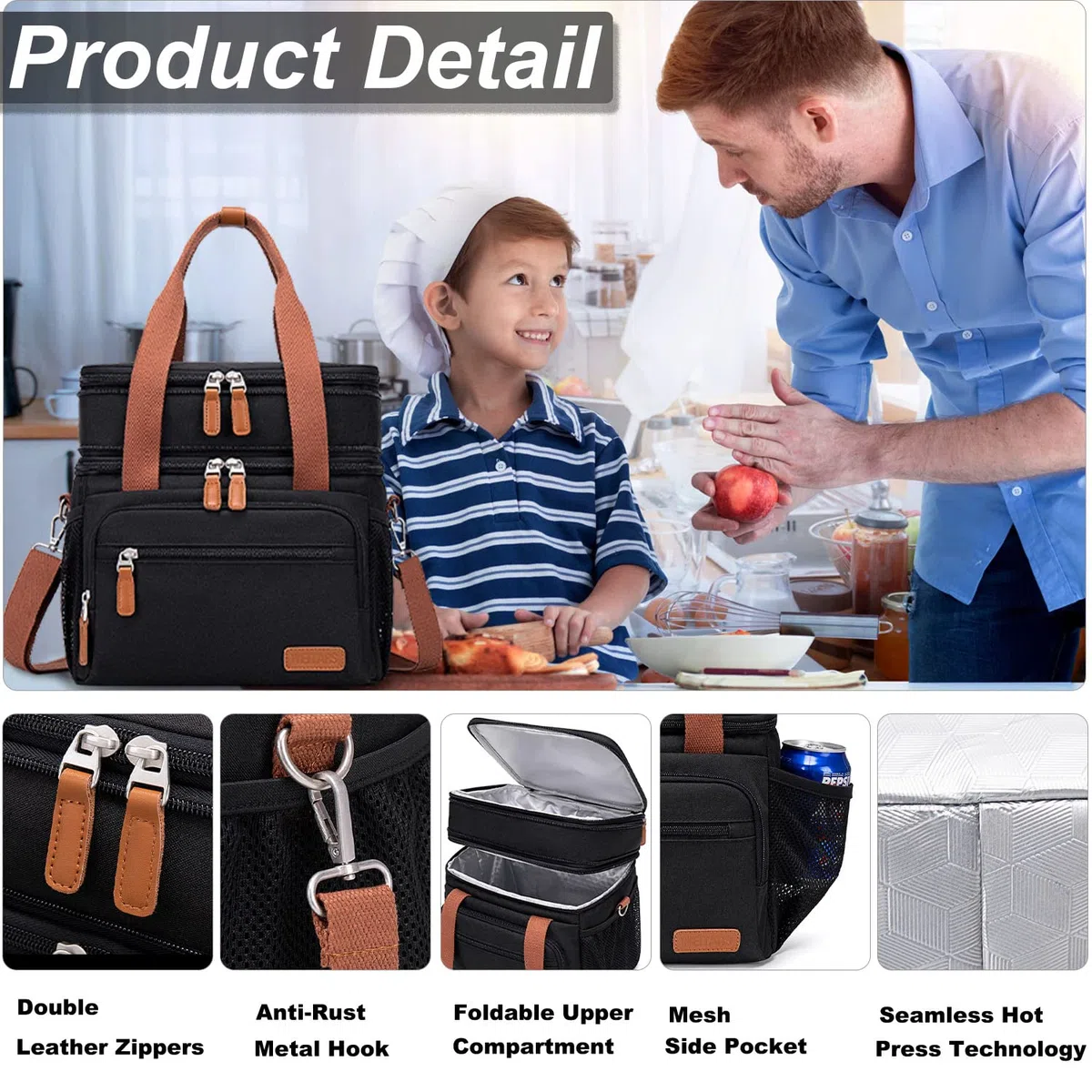 Weitars Fiambrera aislada para mujeres y hombres, doble compartimento impermeable, reutilizable, gran bolsa de almuerzo para niñas y niños, bolsa de nevera para trabajo, picnic, senderismo (15 L),