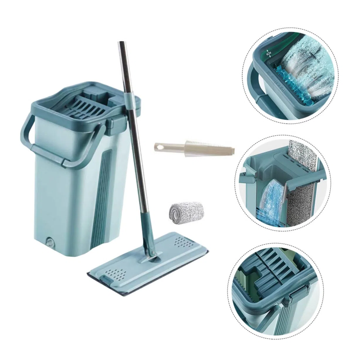 Trapeador sin Lavado de Microfibra Verde Mango Integrado | Juego de Limpieza, Cubo de Fregona Incluido, Acero Inoxidable y Plástico, Uso en Hogar